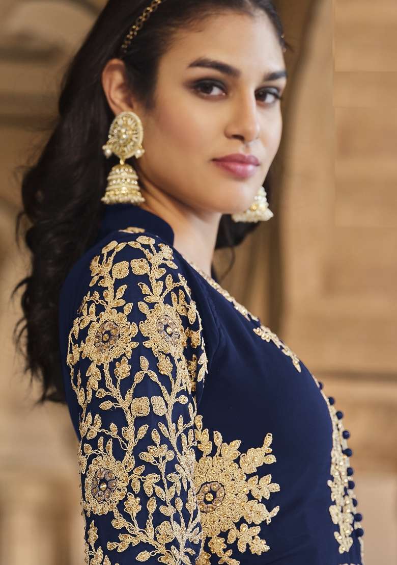 Blue Embroidered Georgette Kurta Set - Indya