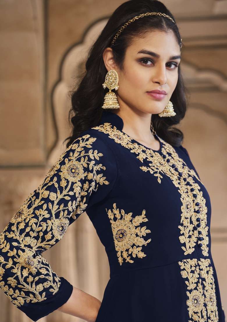 Blue Embroidered Georgette Kurta Set - Indya