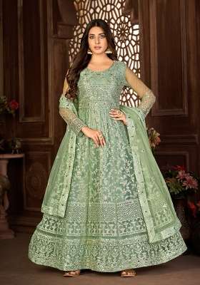 Green Embroidered Net Kurta Set