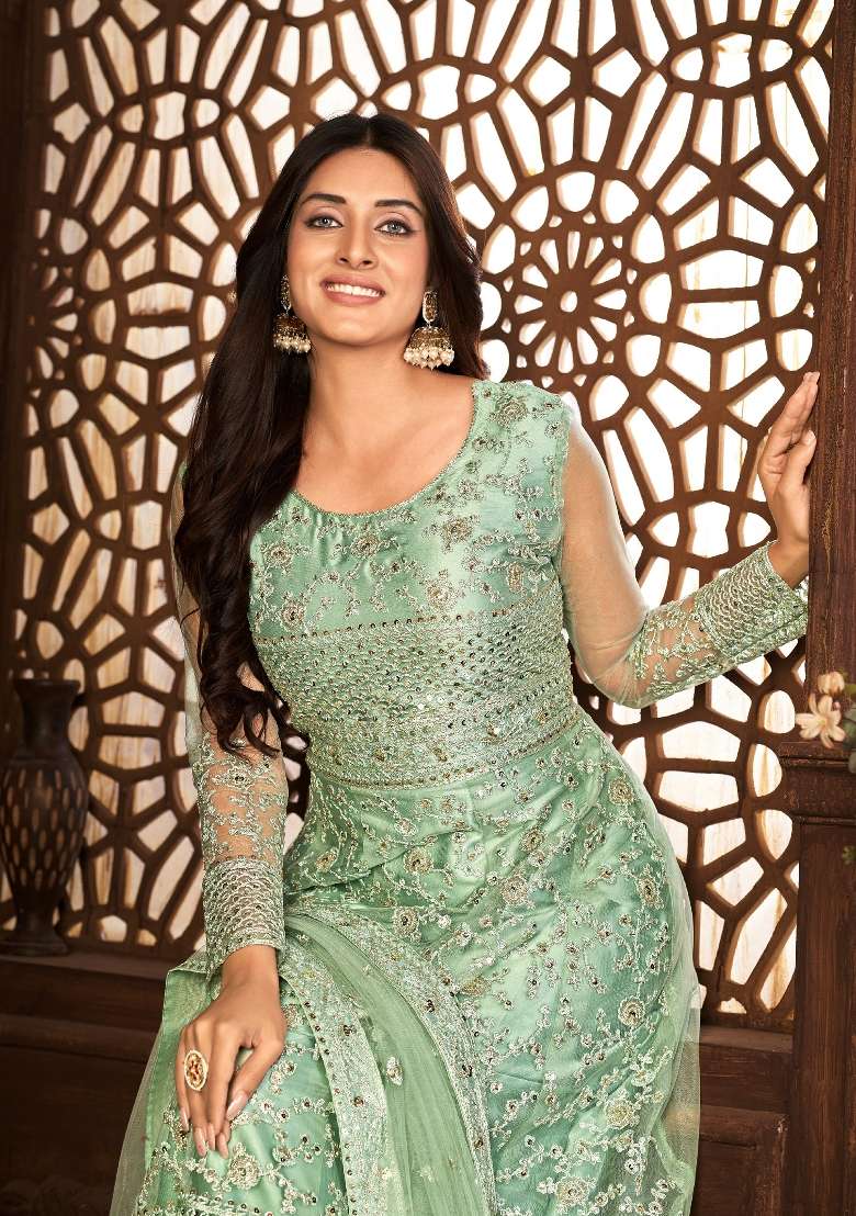Green Embroidered Net Kurta Set - Indya