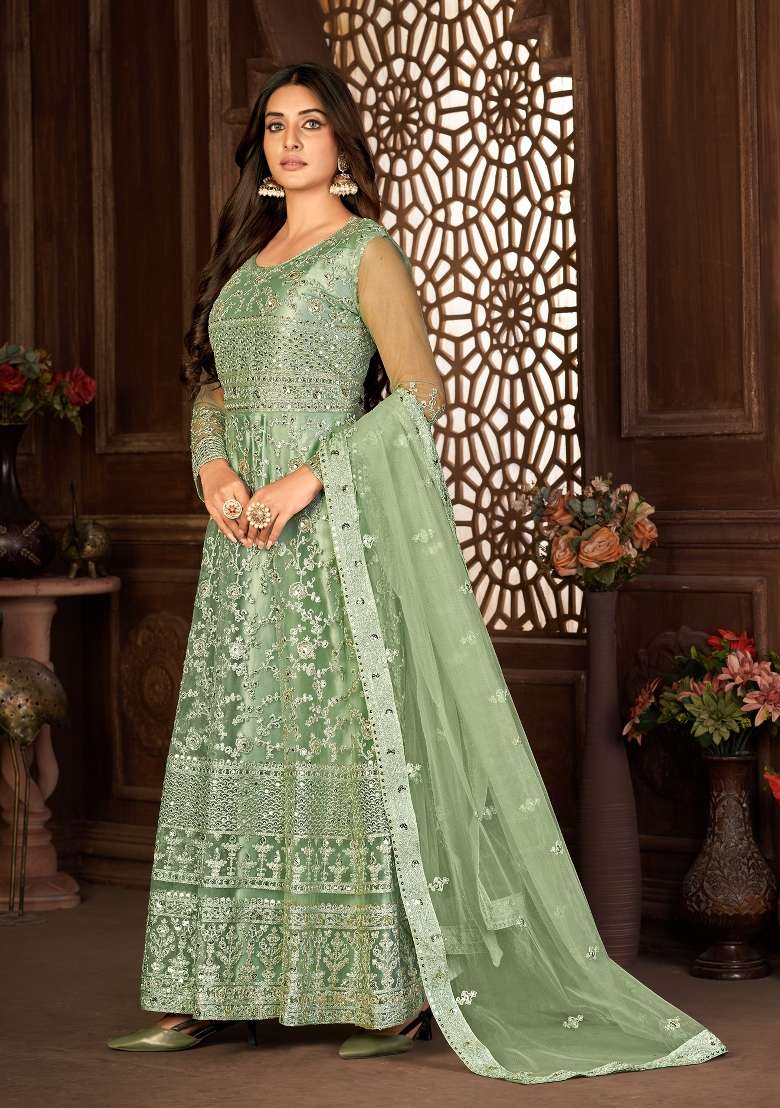 Green Embroidered Net Kurta Set - Indya