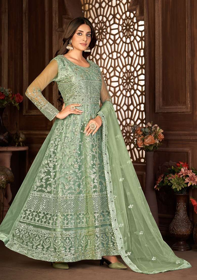 Green Embroidered Net Kurta Set - Indya