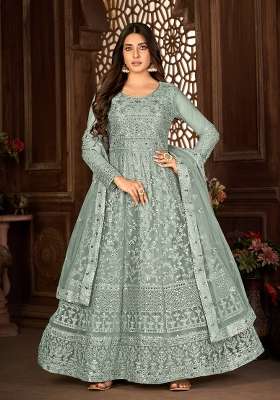 Grey Embroidered Net Kurta Set