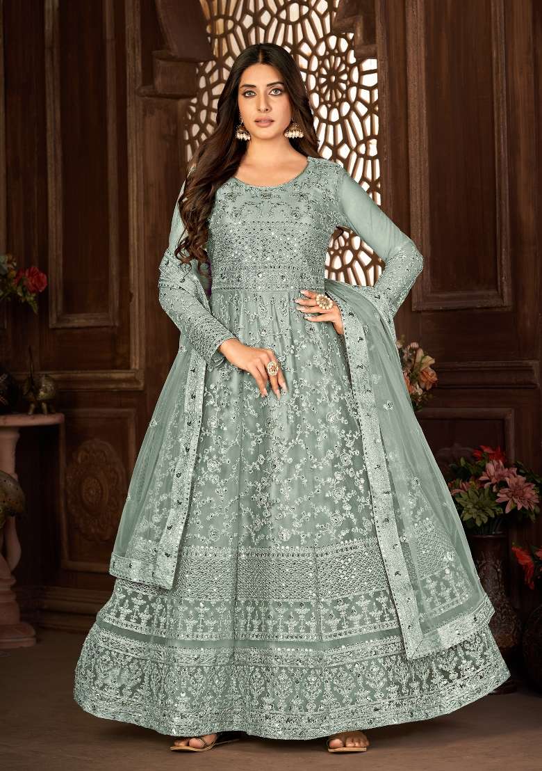 Grey Embroidered Net Kurta Set - Indya