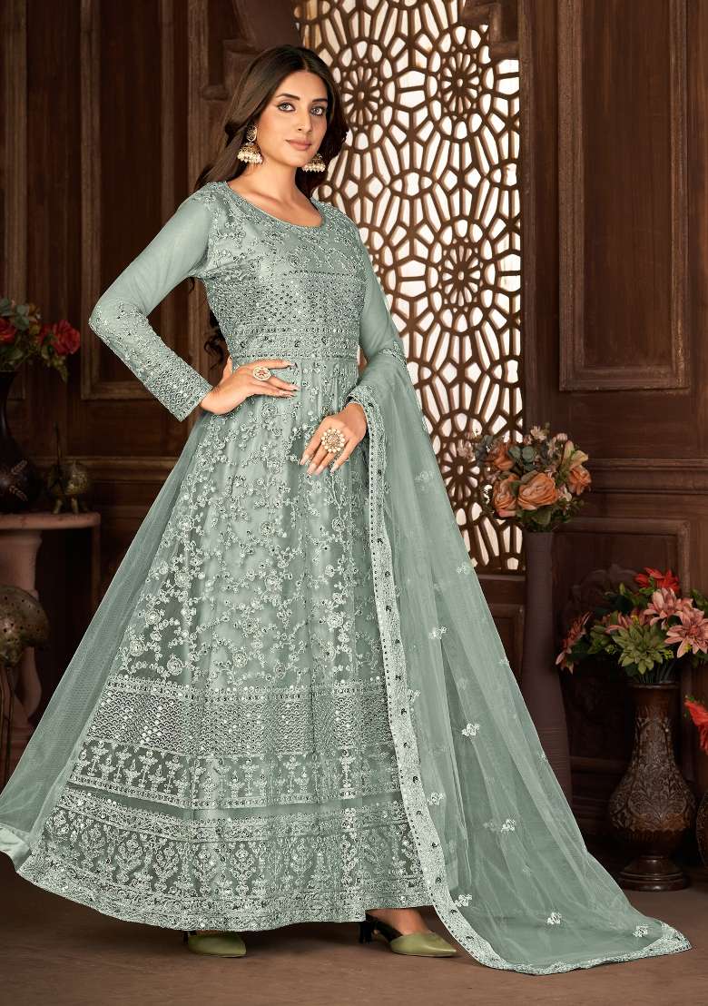 Grey Embroidered Net Kurta Set - Indya