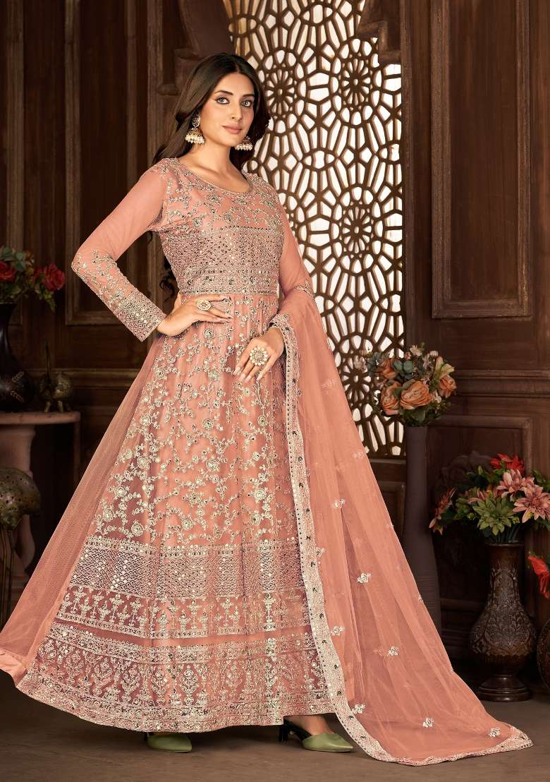 Peach Embroidered Net Kurta Set - Indya