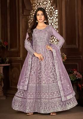 Purple Embroidered Net Kurta Set