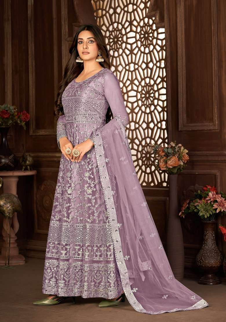 Purple Embroidered Net Kurta Set - Indya