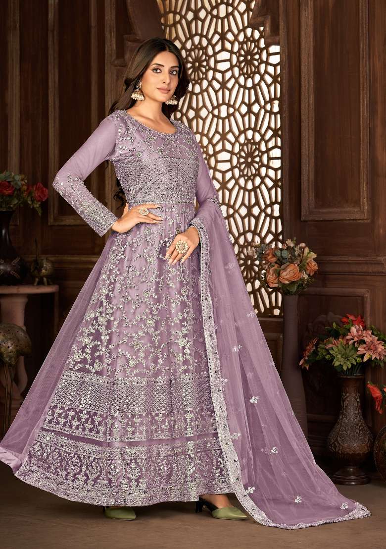 Purple Embroidered Net Kurta Set - Indya