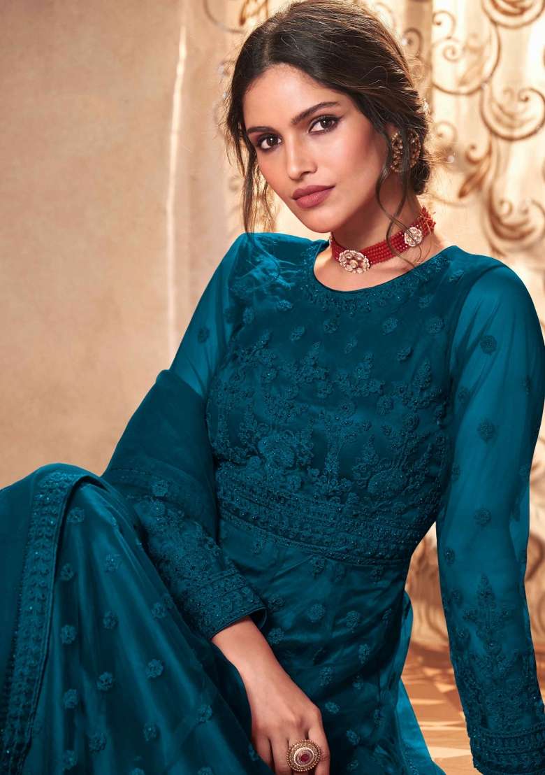 Rama Green Embroidered Net Kurta Set - Indya