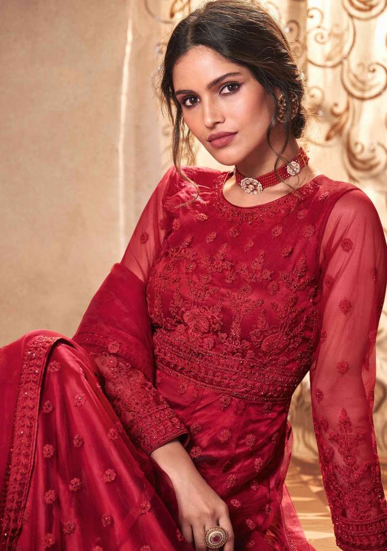 Red Embroidered Net Kurta Set - Indya