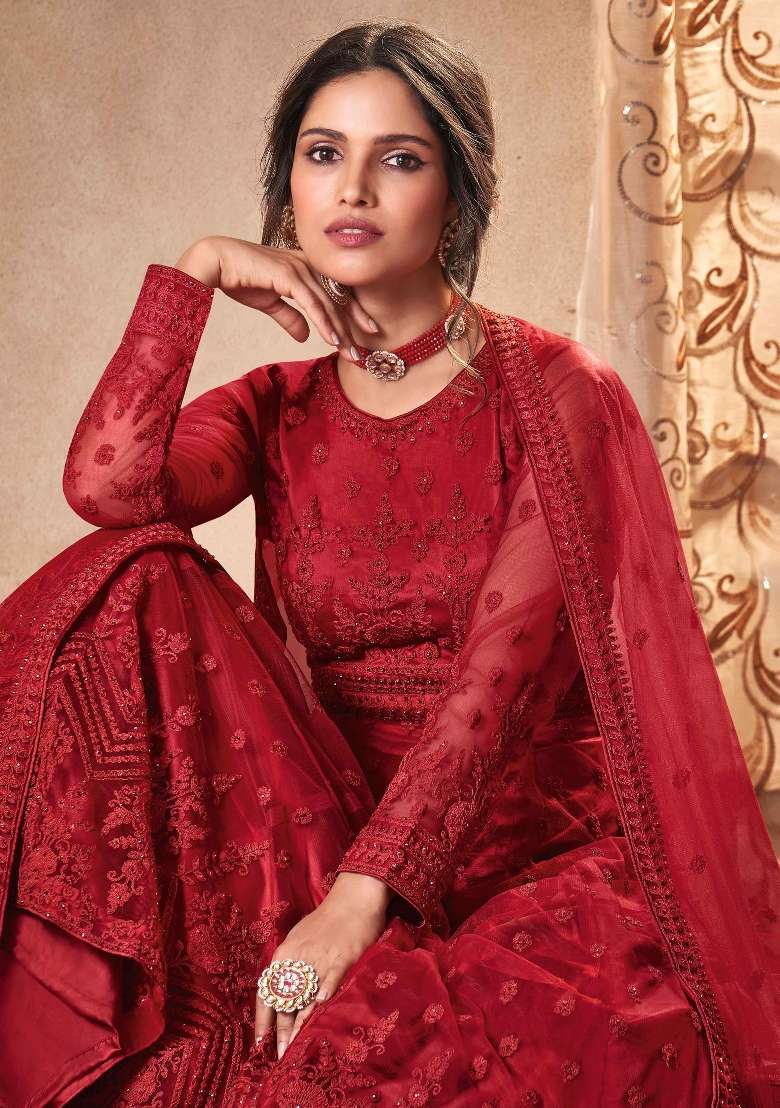Red Embroidered Net Kurta Set - Indya