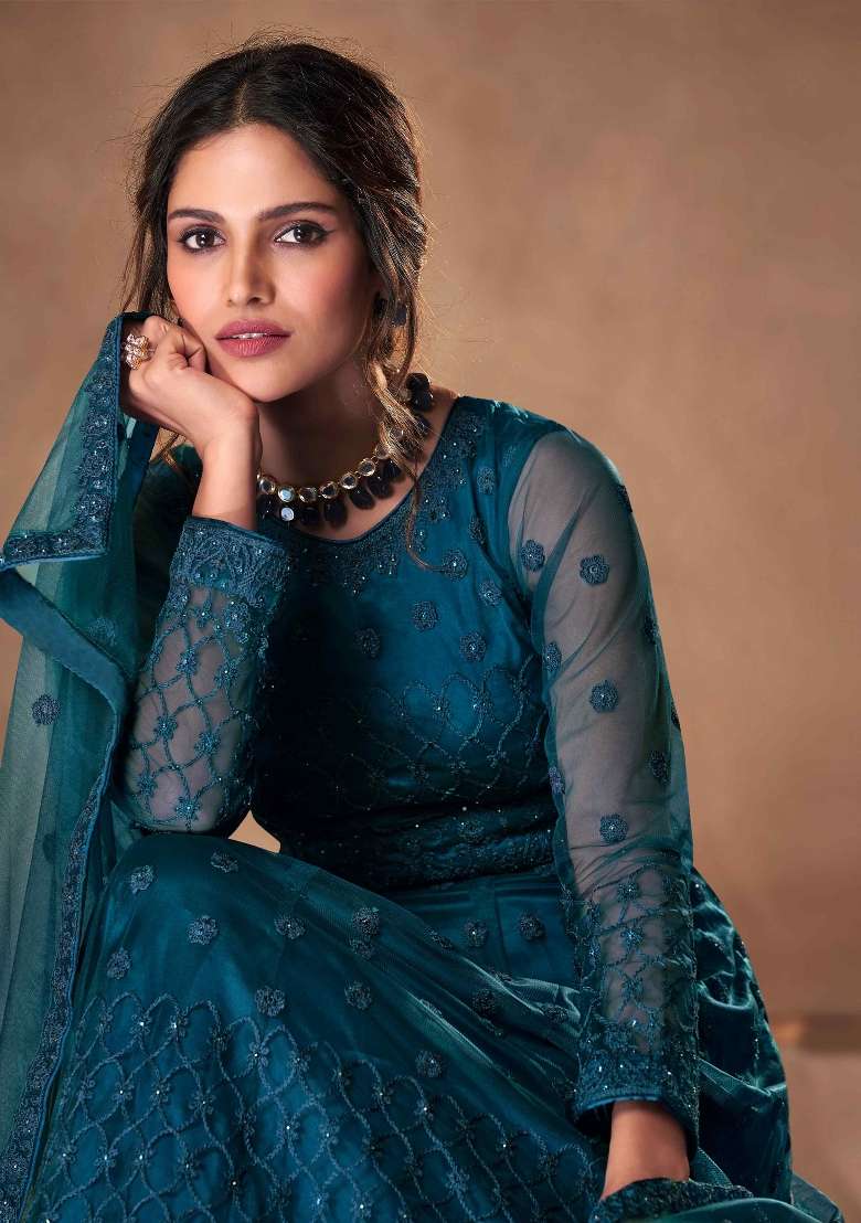 Rama Green Embroidered Net Kurta Set - Indya