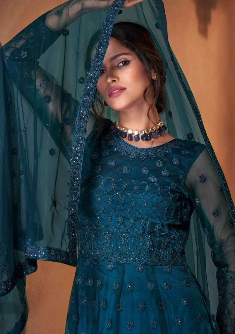 Rama Green Embroidered Net Kurta Set - Indya
