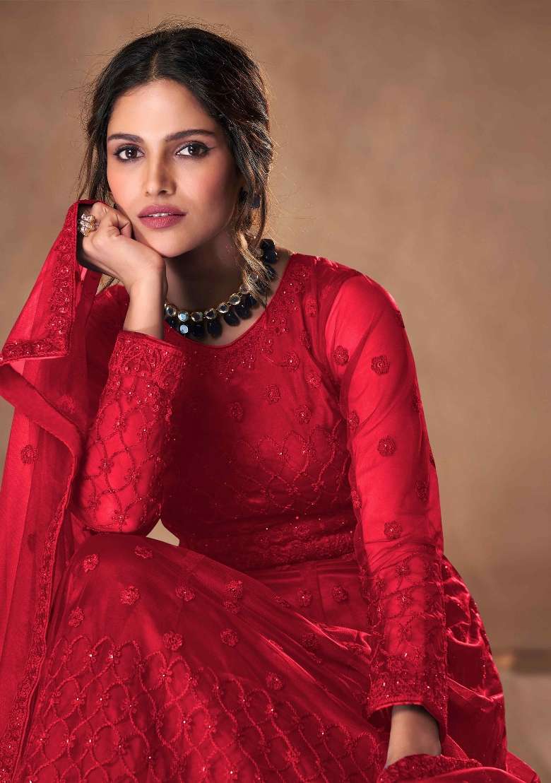 Red Embroidered Net Kurta Set - Indya