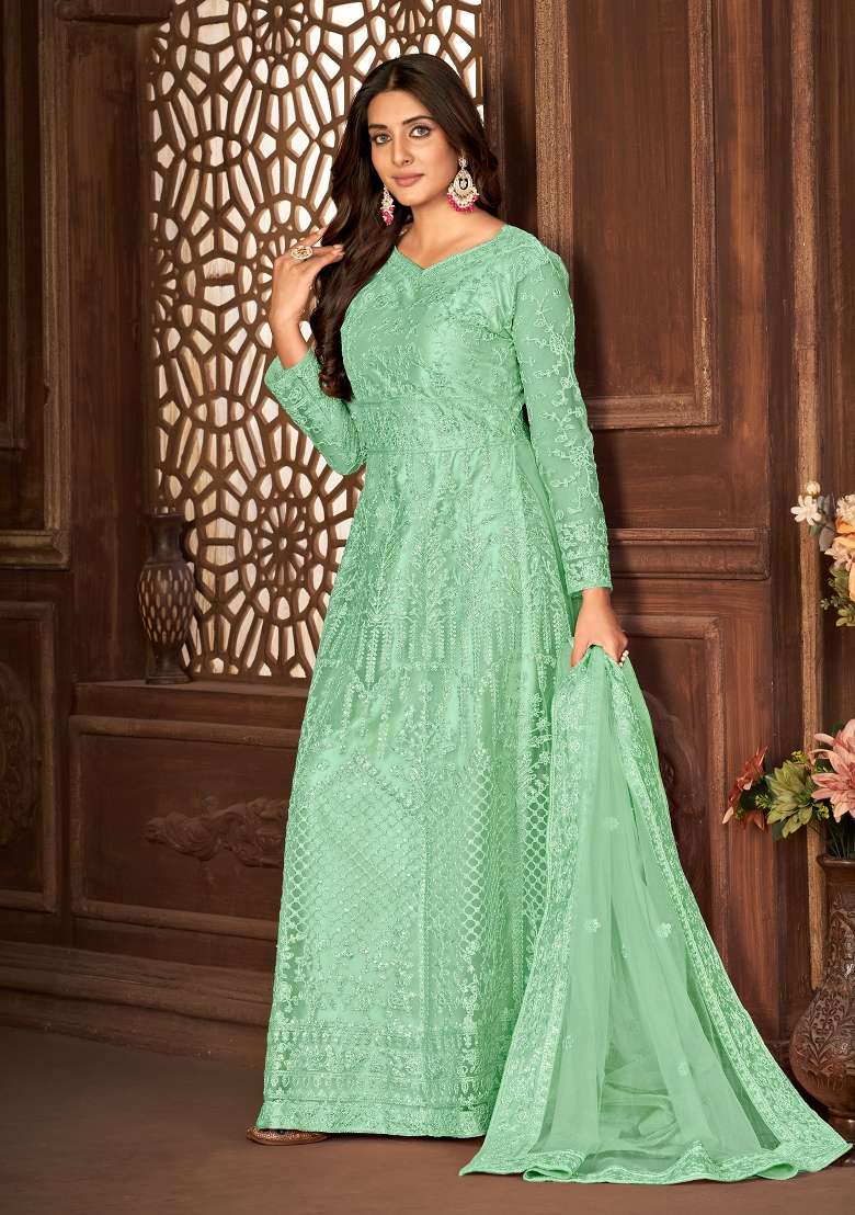 Green Embroidered Net Kurta Set - Indya