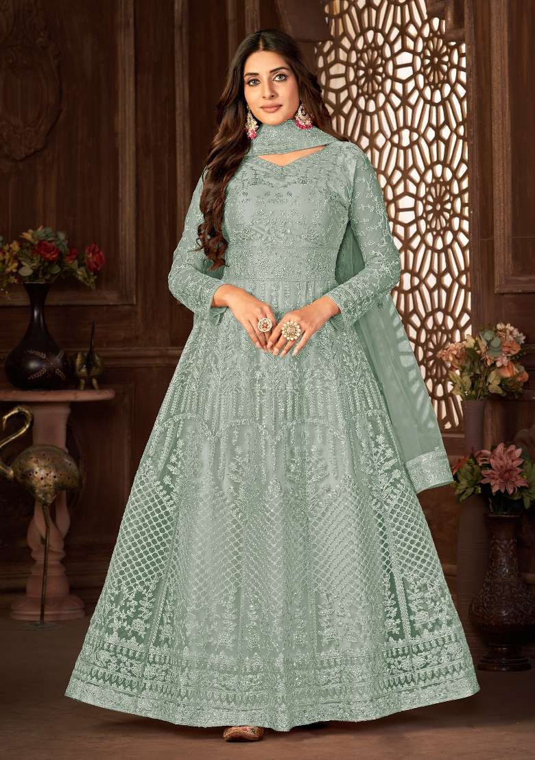 Grey Embroidered Net Kurta Set - Indya