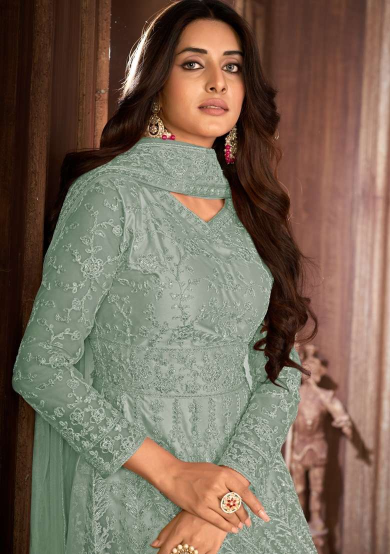 Grey Embroidered Net Kurta Set - Indya