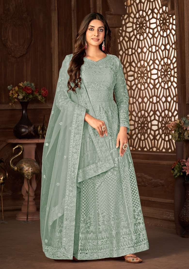 Grey Embroidered Net Kurta Set - Indya