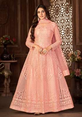Peach Embroidered Net Kurta Set