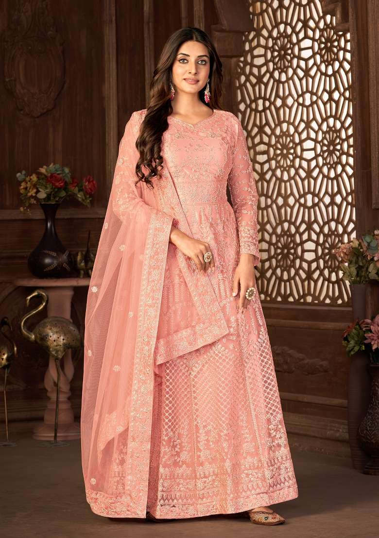 Peach Embroidered Net Kurta Set - Indya