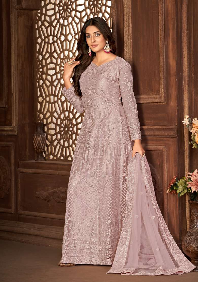 Purple Embroidered Net Kurta Set - Indya