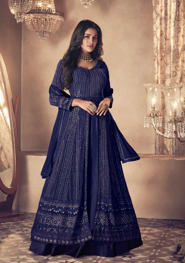 Blue Embroidered Georgette Kurta Set - Indya