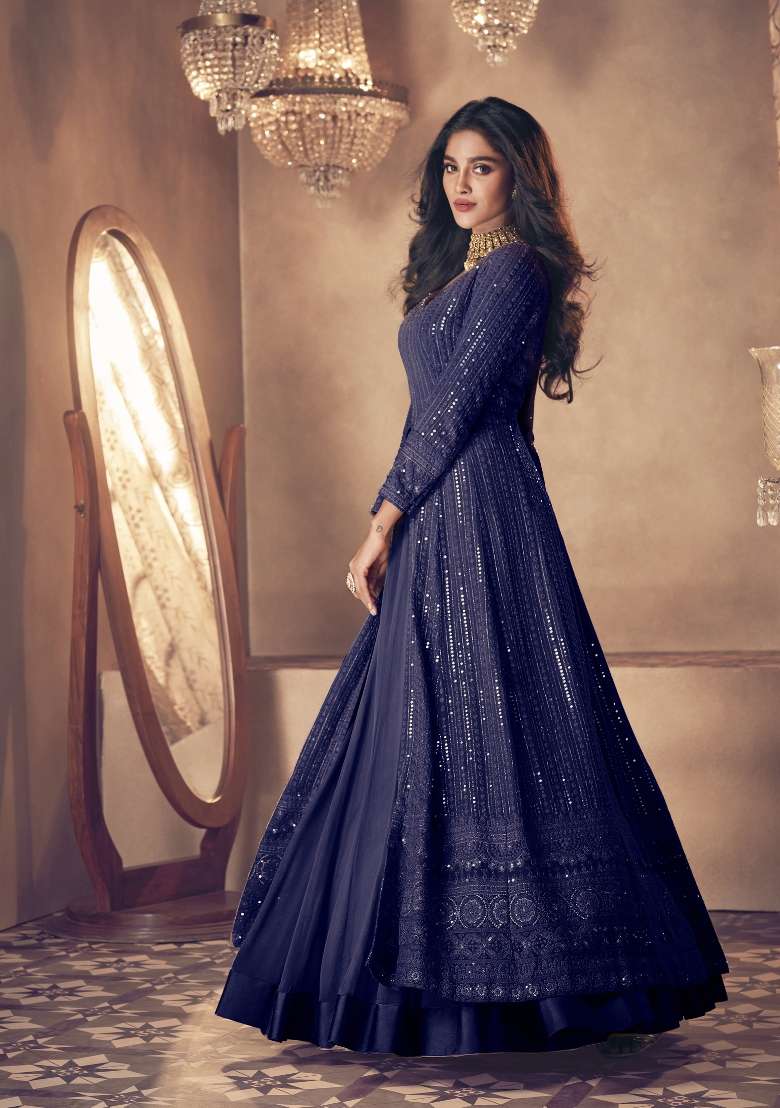 Blue Embroidered Georgette Kurta Set - Indya
