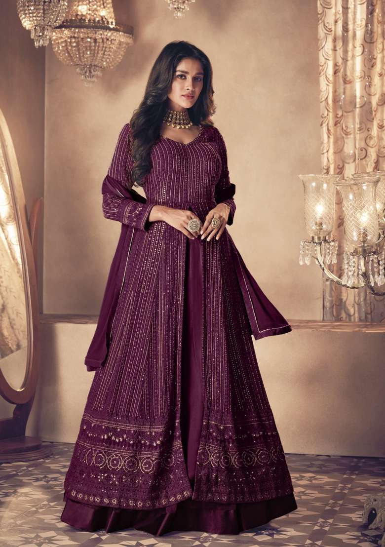 Purple Embroidered Georgette Kurta Set - Indya