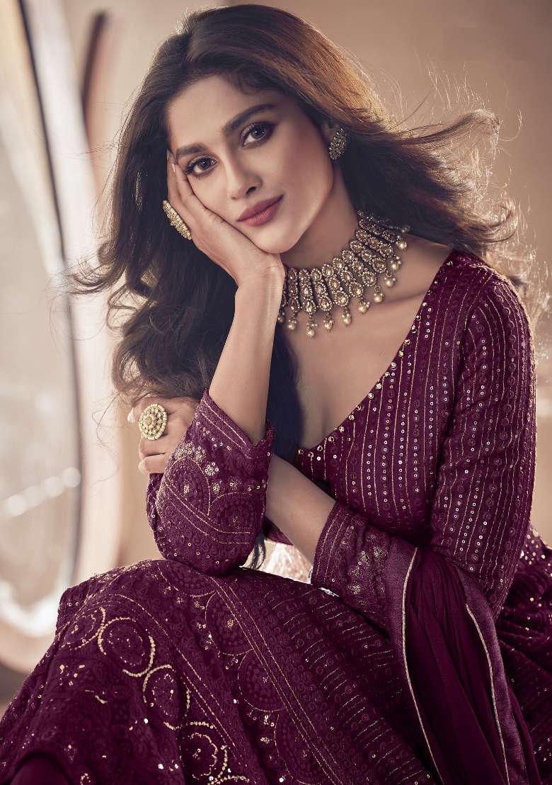 Purple Embroidered Georgette Kurta Set - Indya