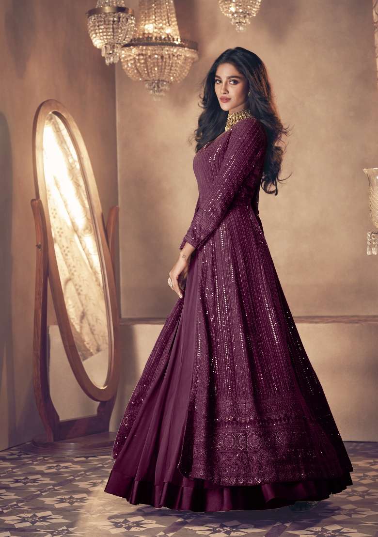 Purple Embroidered Georgette Kurta Set - Indya