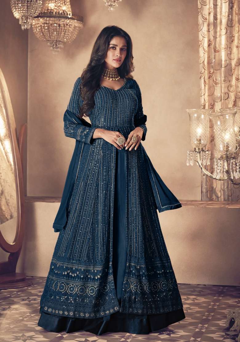 Rama Green Embroidered Georgette Kurta Set - Indya
