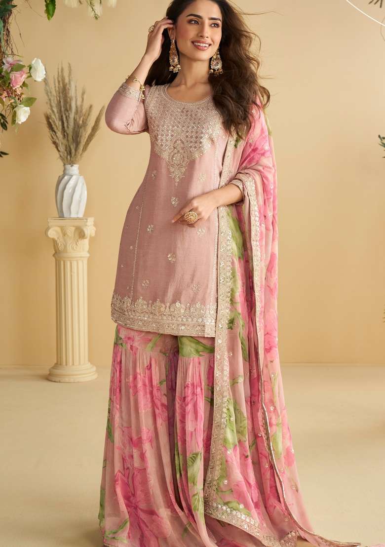 Peach Embroidered Chinon Kurta Set - Indya