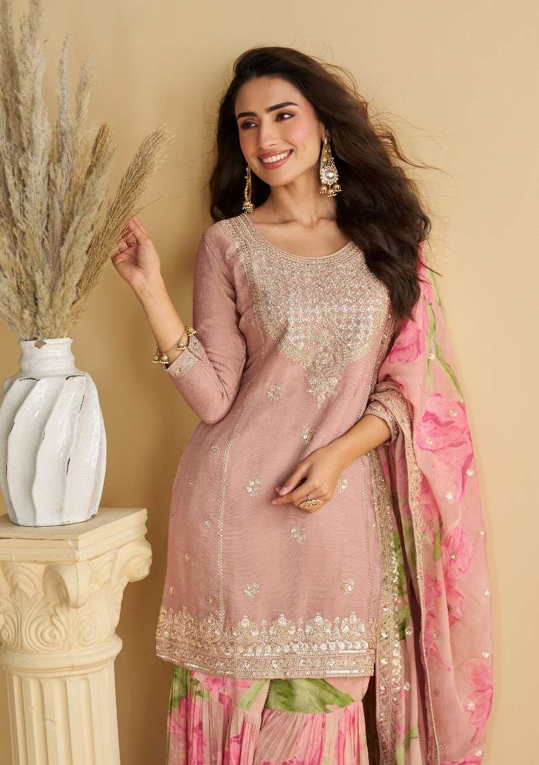 Peach Embroidered Chinon Kurta Set - Indya