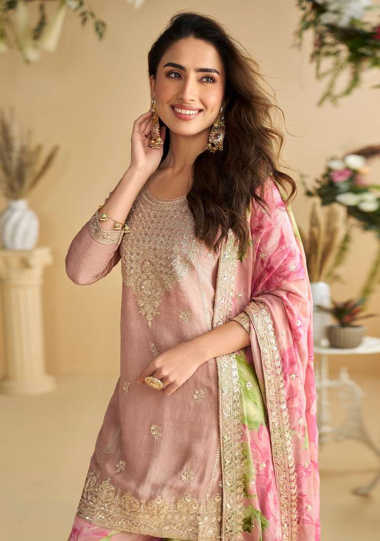 Peach Embroidered Chinon Kurta Set - Indya