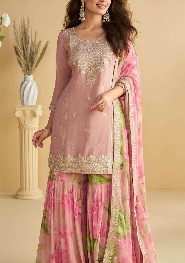 Peach Embroidered Chinon Kurta Set - Indya