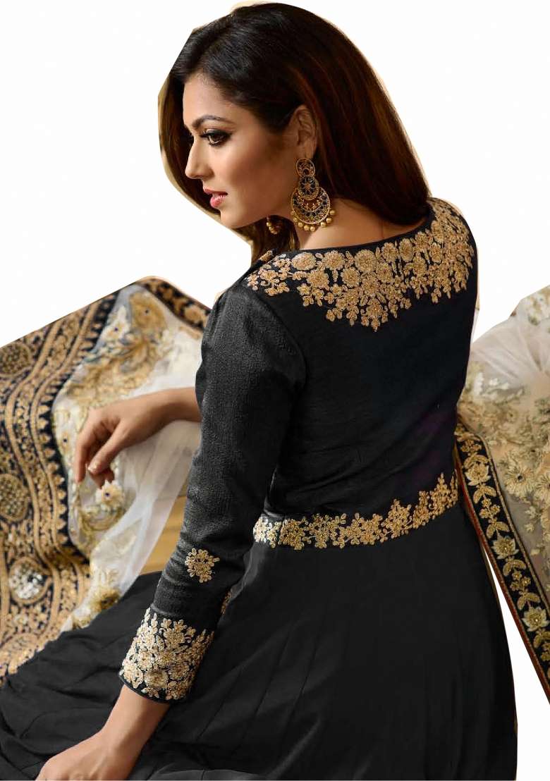 Black Embroidered Georgette Kurta Set - Indya