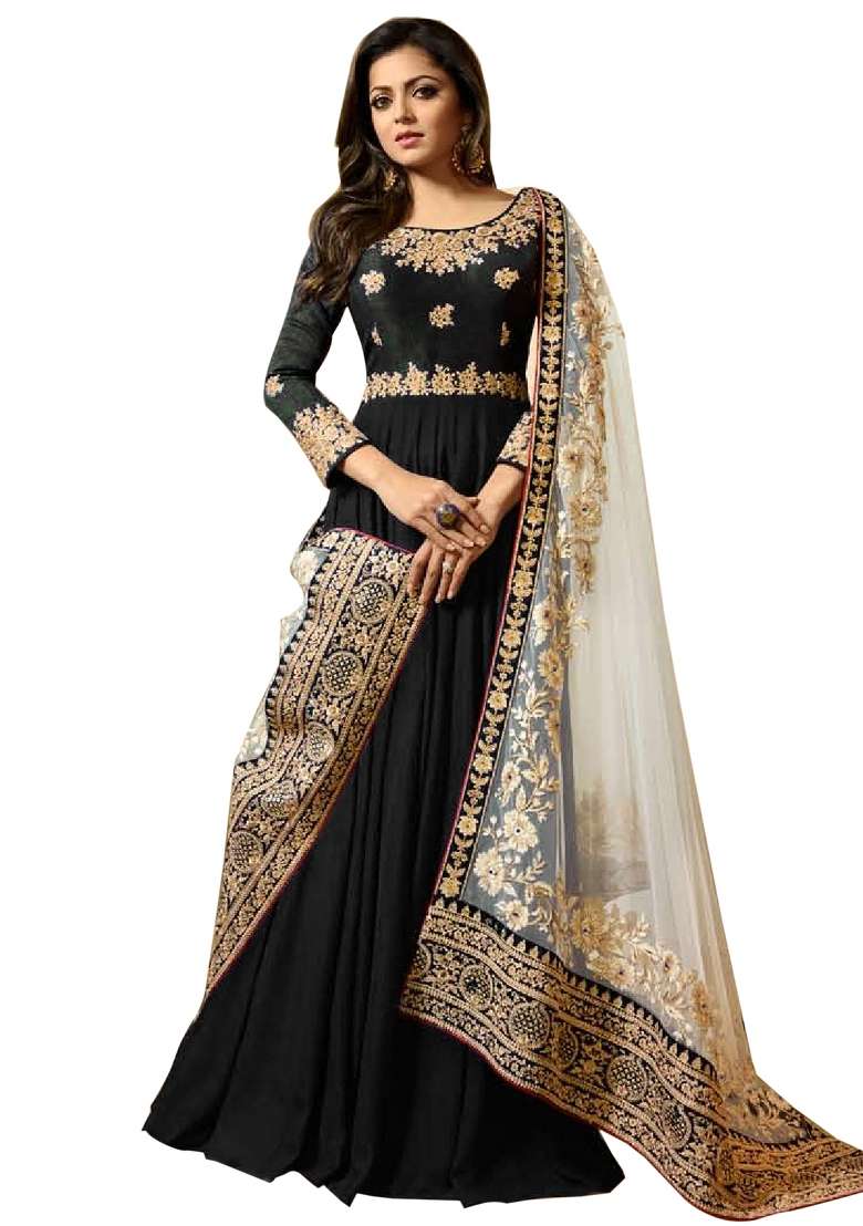 Black Embroidered Georgette Kurta Set - Indya