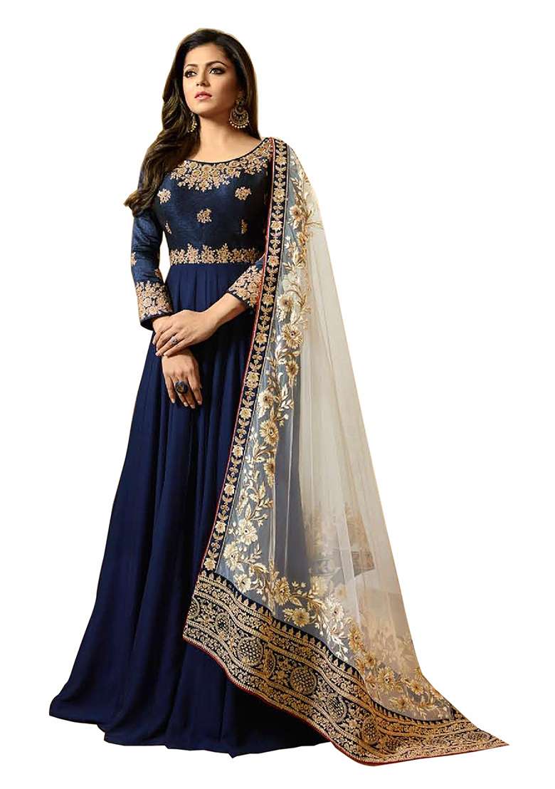 Blue Embroidered Georgette Kurta Set - Indya