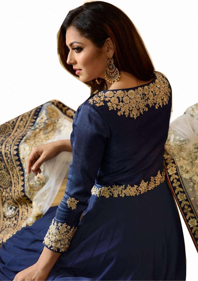 Blue Embroidered Georgette Kurta Set - Indya