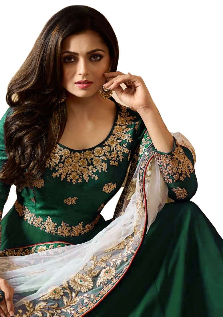 Green Embroidered Georgette Kurta Set - Indya