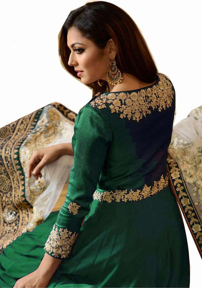 Green Embroidered Georgette Kurta Set - Indya