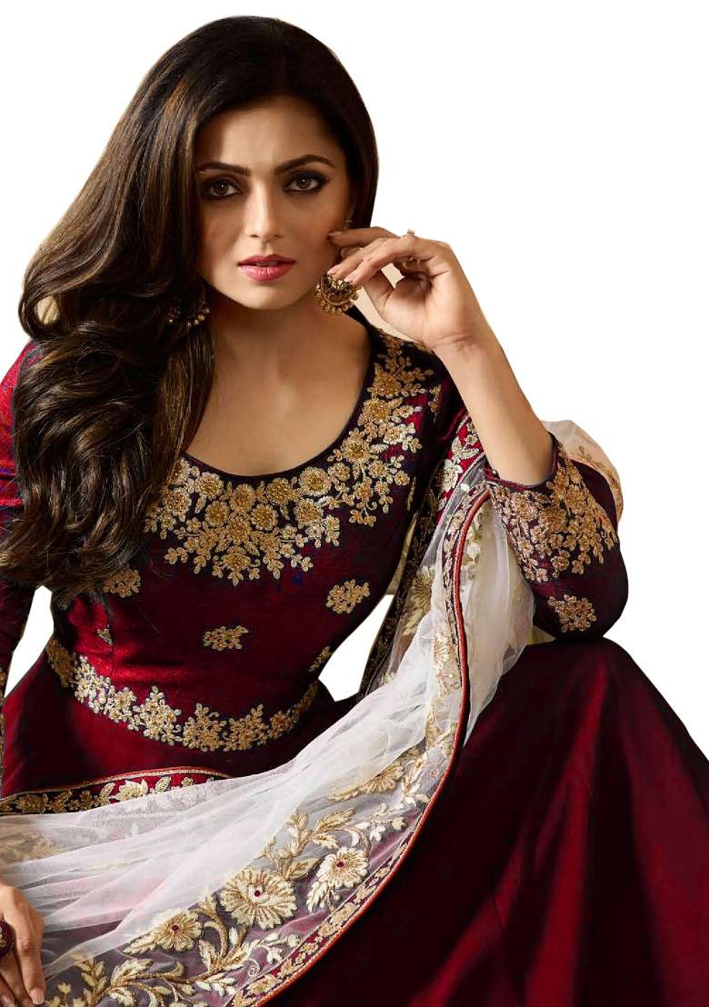 Red Embroidered Georgette Kurta Set - Indya