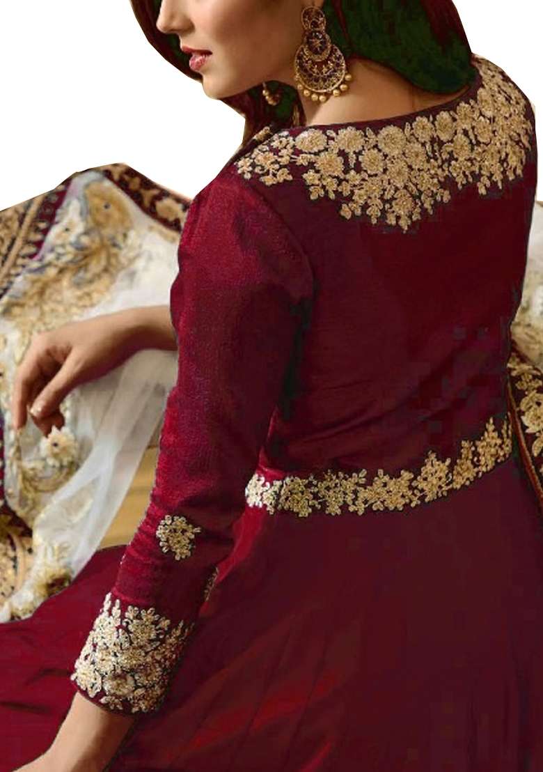 Red Embroidered Georgette Kurta Set - Indya