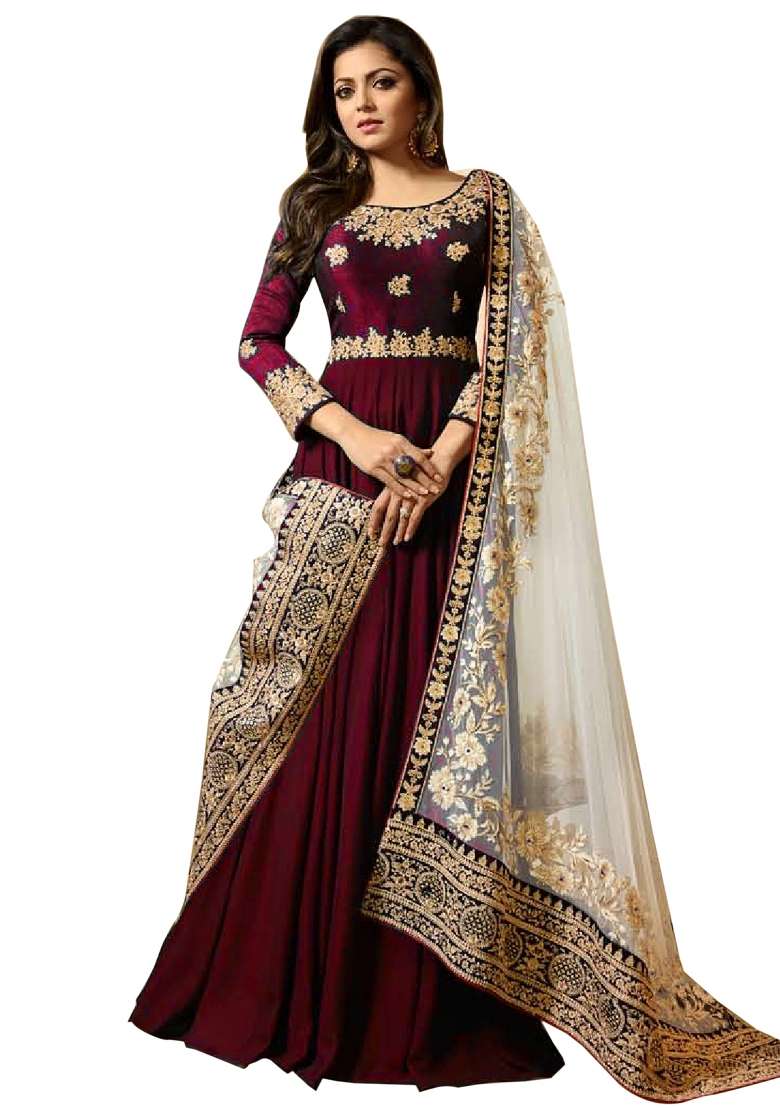 Red Embroidered Georgette Kurta Set - Indya