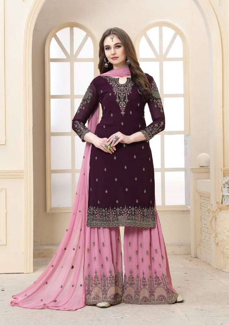 Purple Embroidered Georgette Kurta Set - Indya