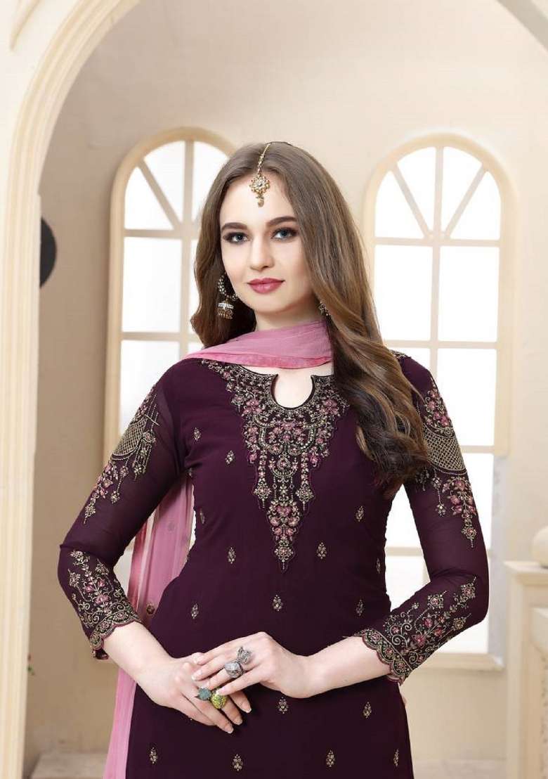 Purple Embroidered Georgette Kurta Set - Indya
