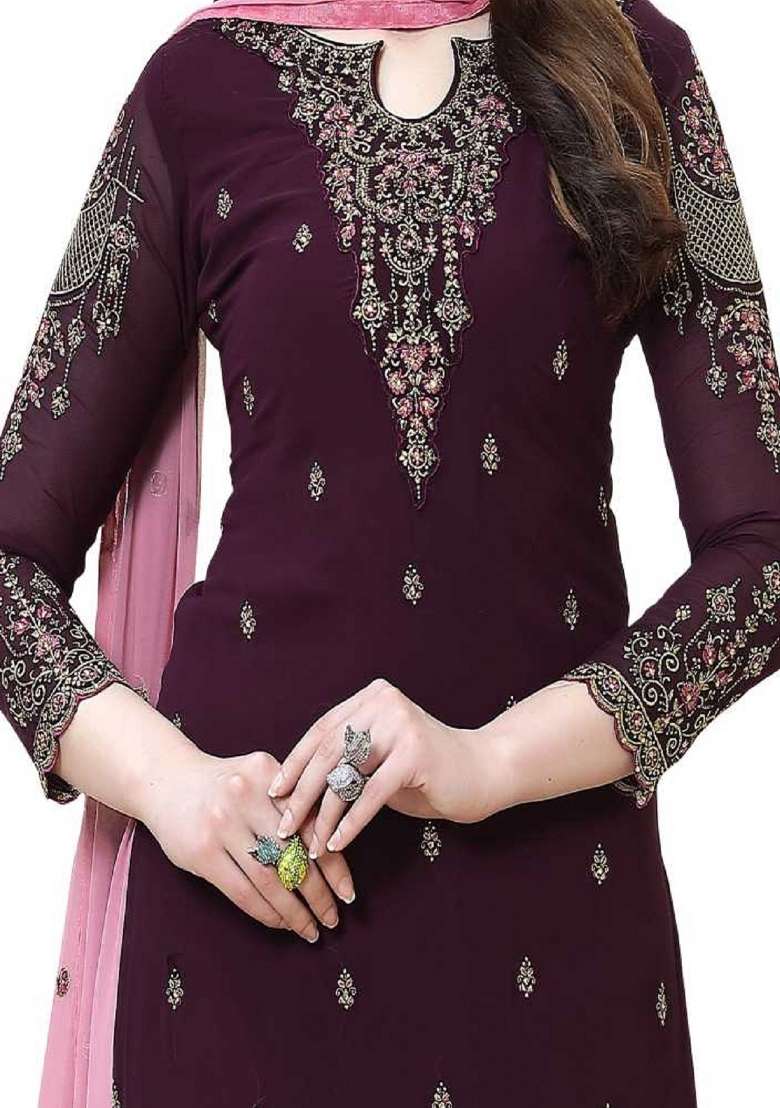 Purple Embroidered Georgette Kurta Set - Indya