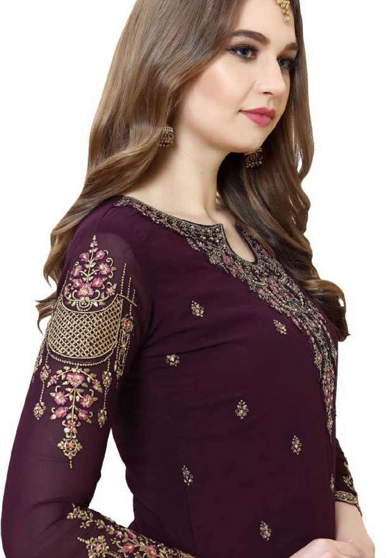 Purple Embroidered Georgette Kurta Set - Indya