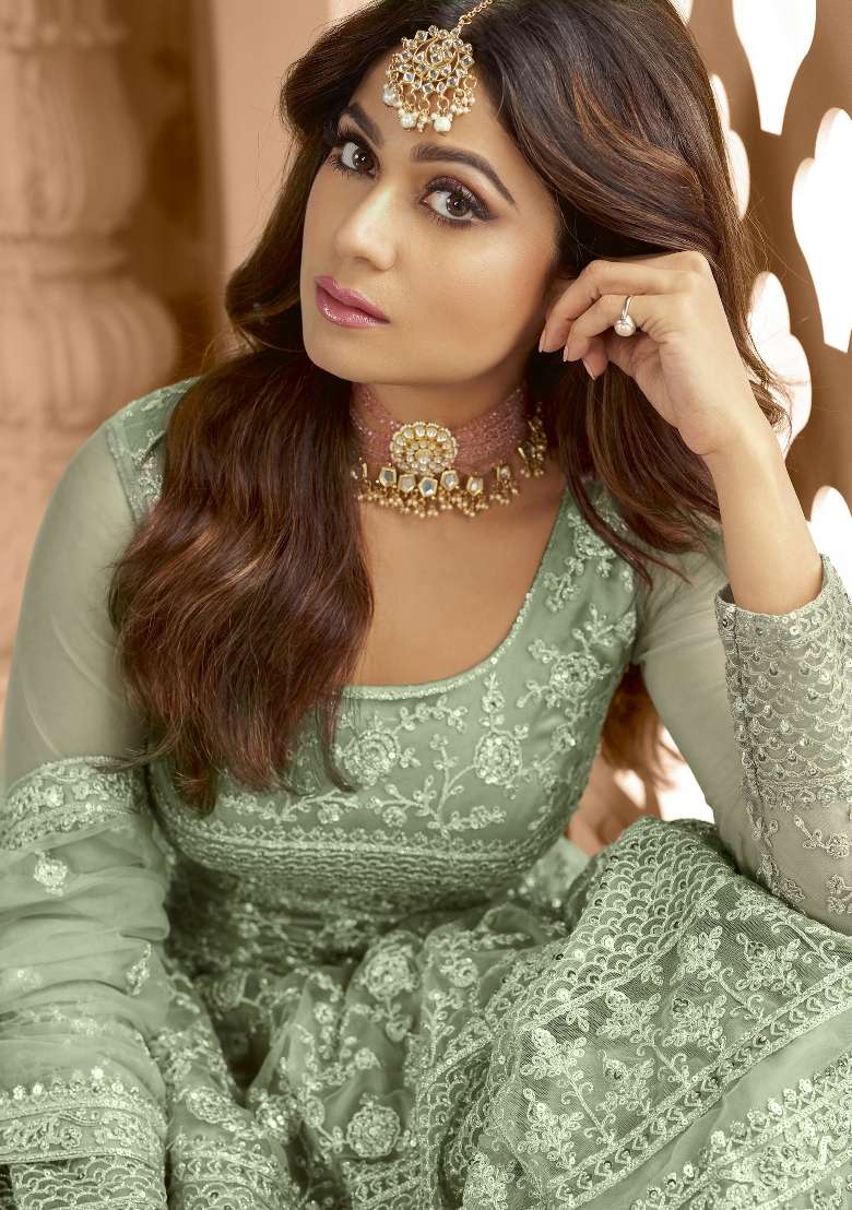 Green Embroidered Net Kurta Set - Indya